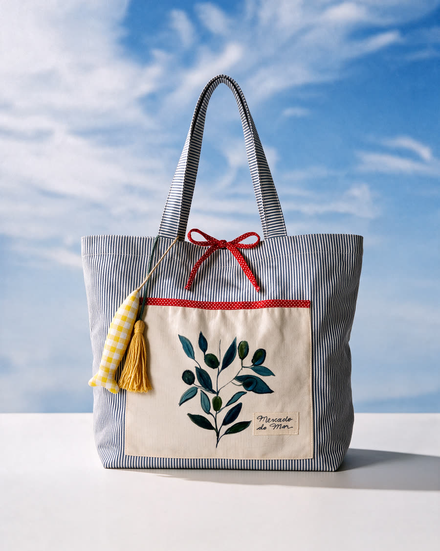 Bolsa A Oliveira: ramo de oliveira pintado em verde-azulado sobre lona crua