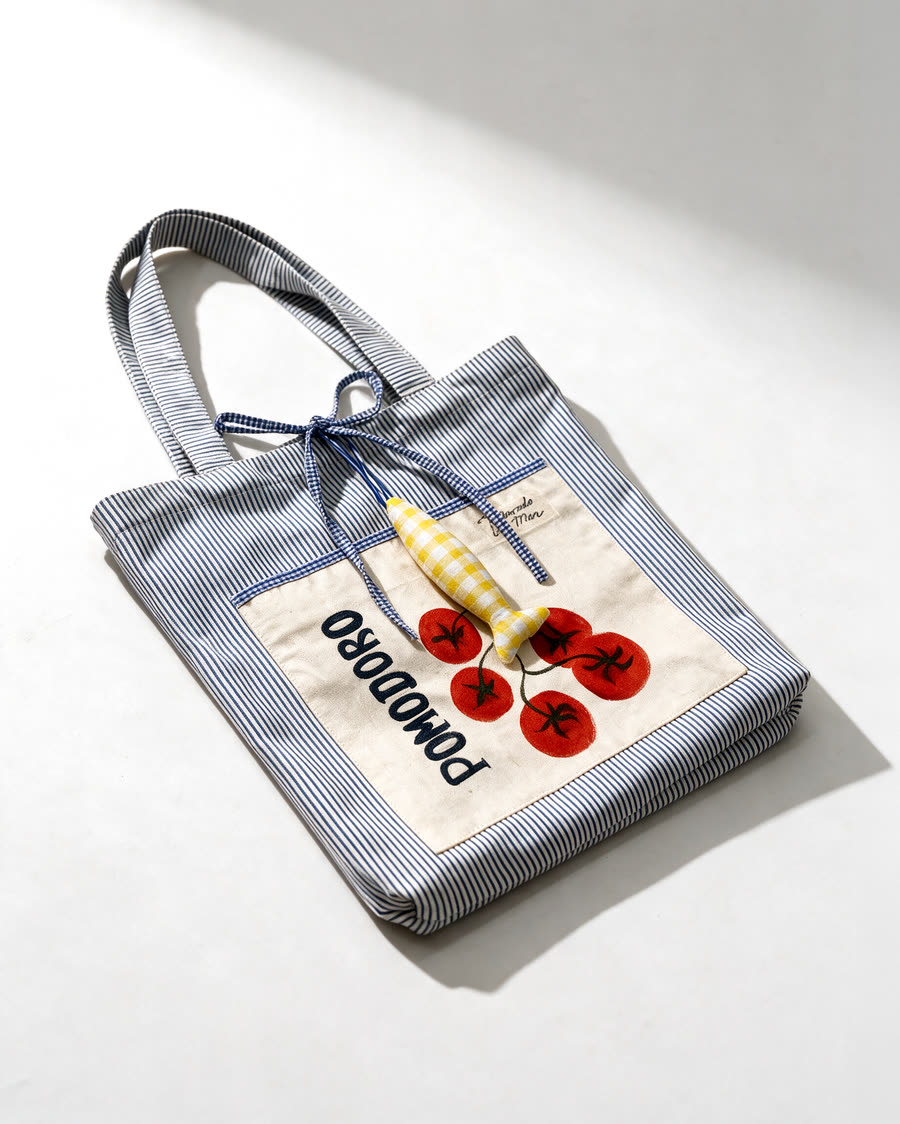 Bolsa O Pomodoro: lona listrada com tomates pintados à mão