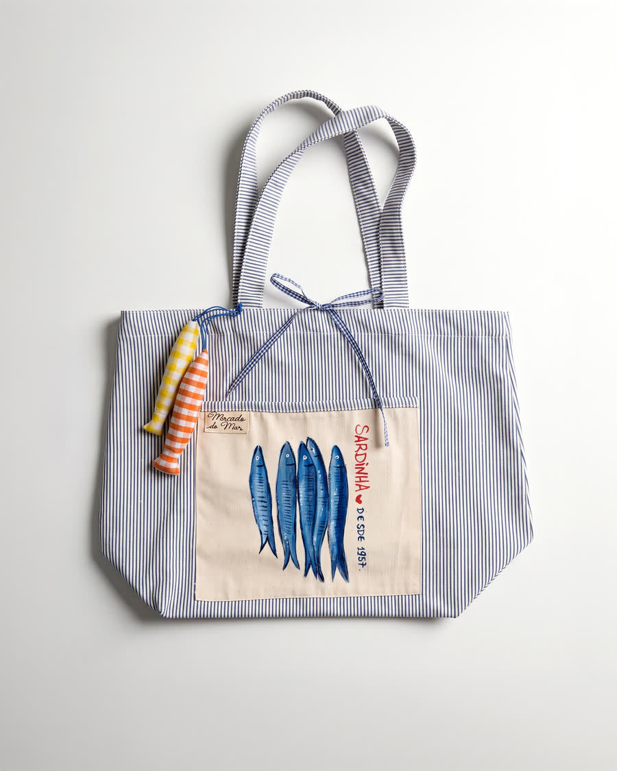 Bolsa A Sardinha: lona listrada com cinco sardinhas pintadas à mão
