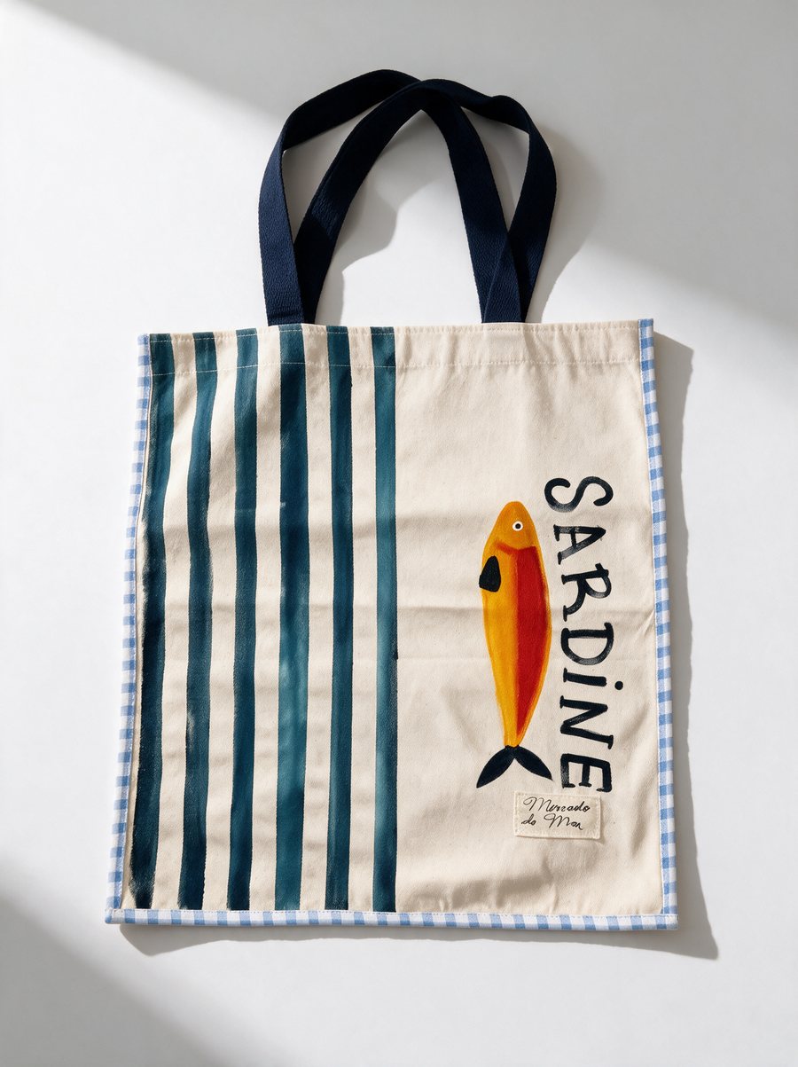 Bolsa O Toldo: listras largas pintadas em verde-petróleo ao lado de uma sardinha laranja e o letreiro SARDINE